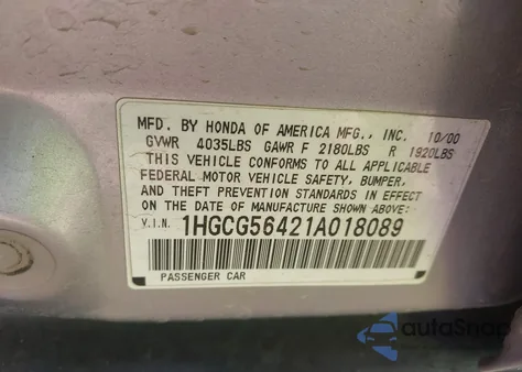 2001 Honda Accord 2.3 Lx из США, поврежденный, VIN 1HGCG56421A018089